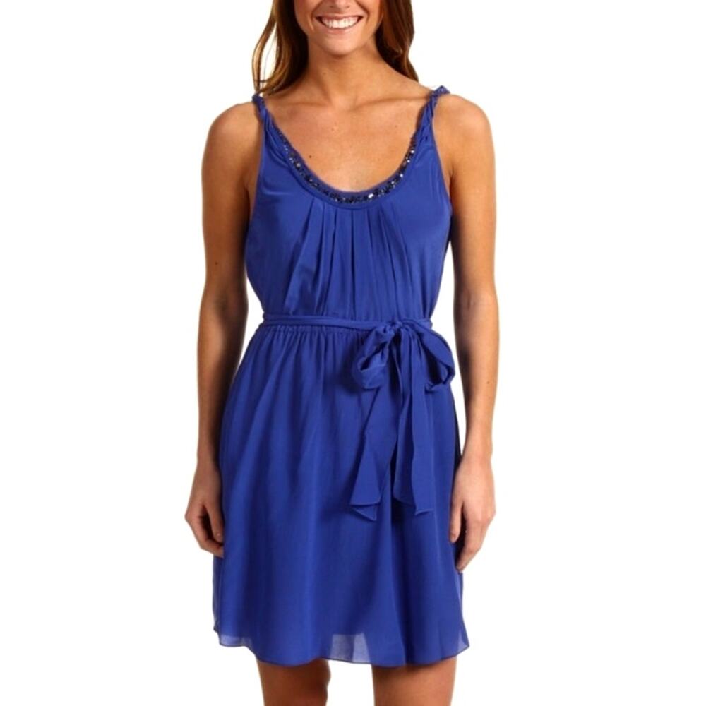 Rebecca Taylor Silk Sequin Waist Tie Cocktail Dress Size 2 Blue Party Y2K Glam